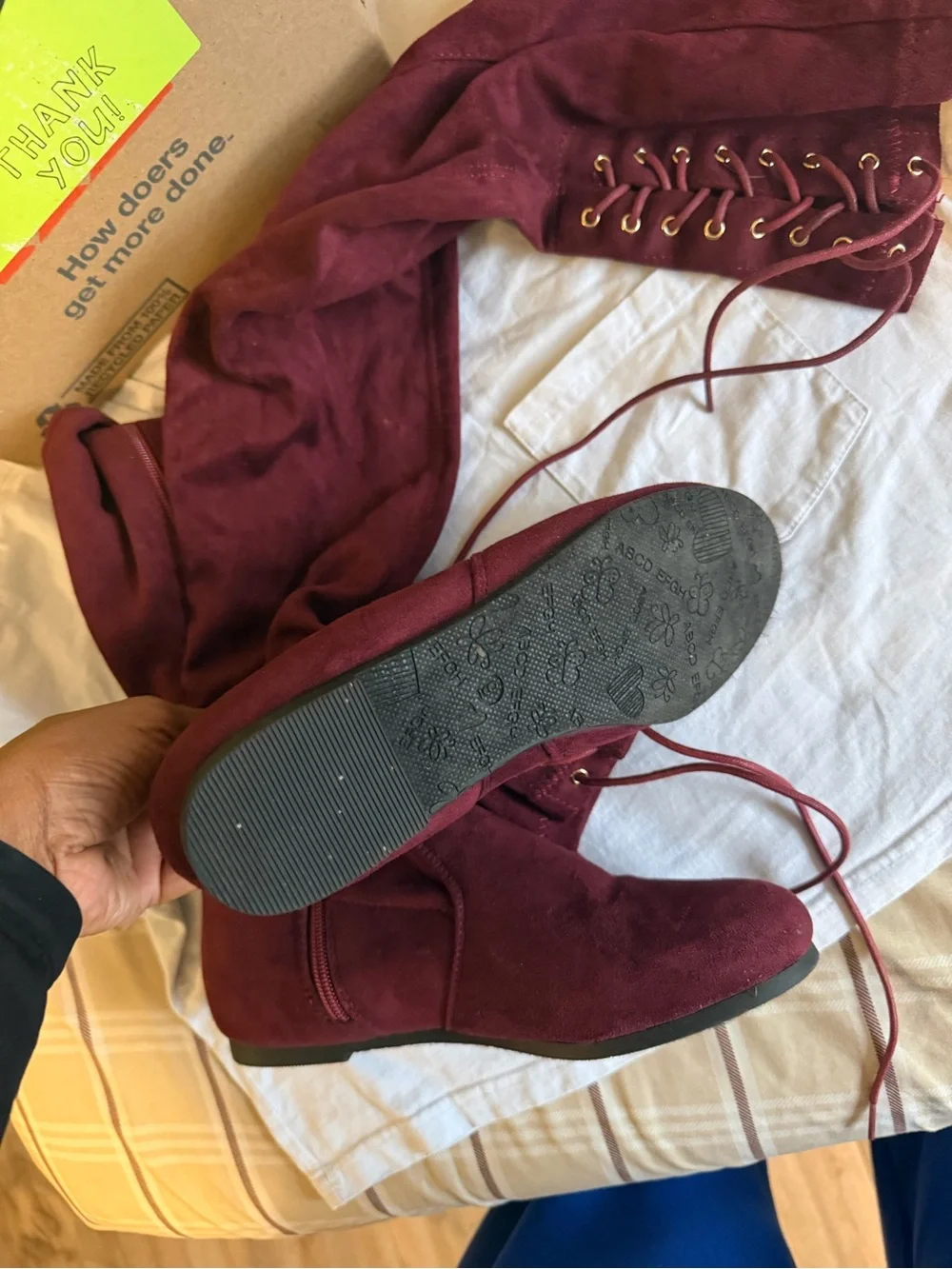 Over-the-Knee Lace-Up Boots in Burgundy Suede